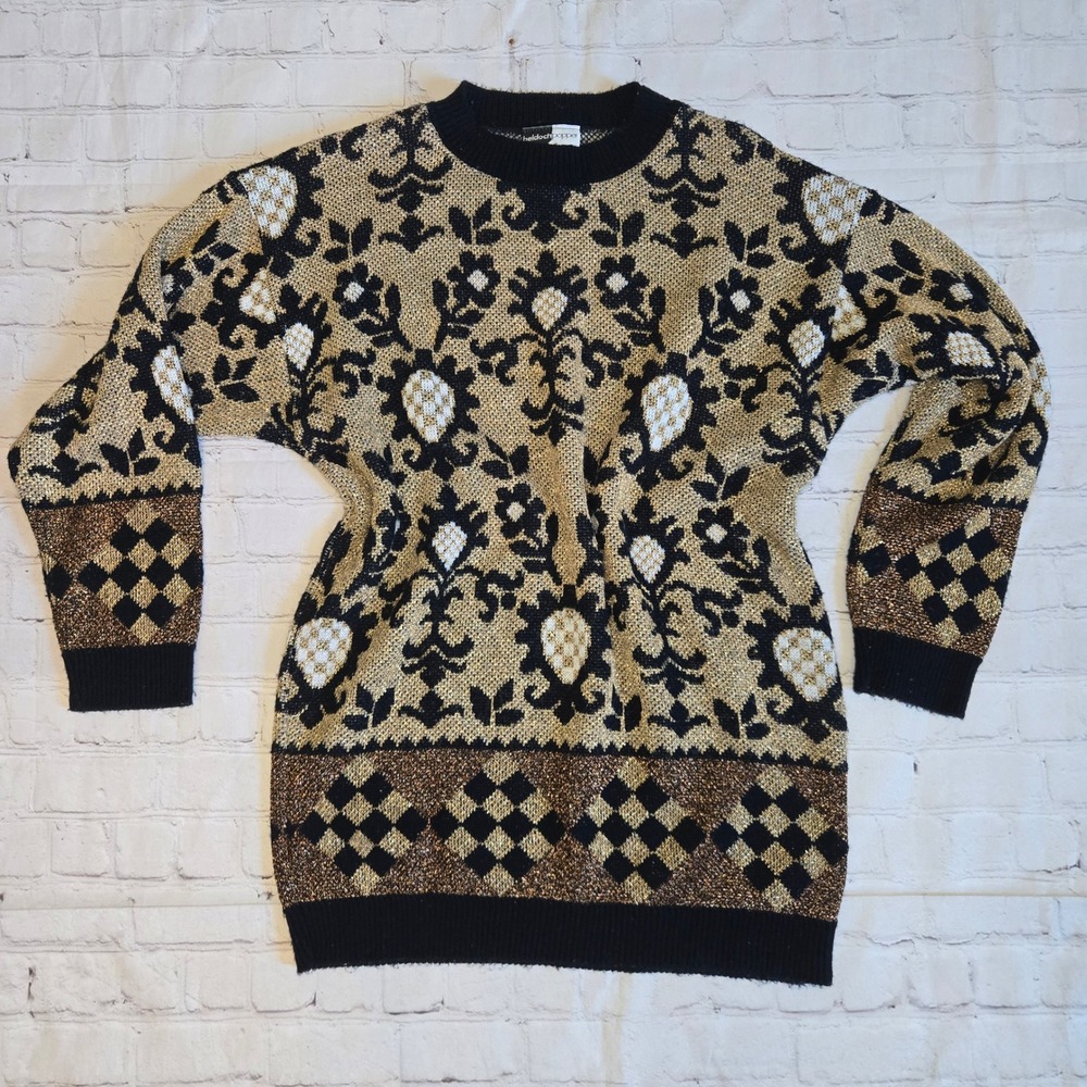 American Vintage 80s Beldoch Popper Metallic Gold Black Damask Knit Sweater M